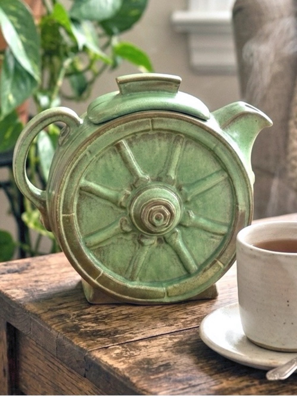 Frankoma Prairie Green Wagon Wheel 94T 4 Cup Teapot and Lid Vintage Made in USA